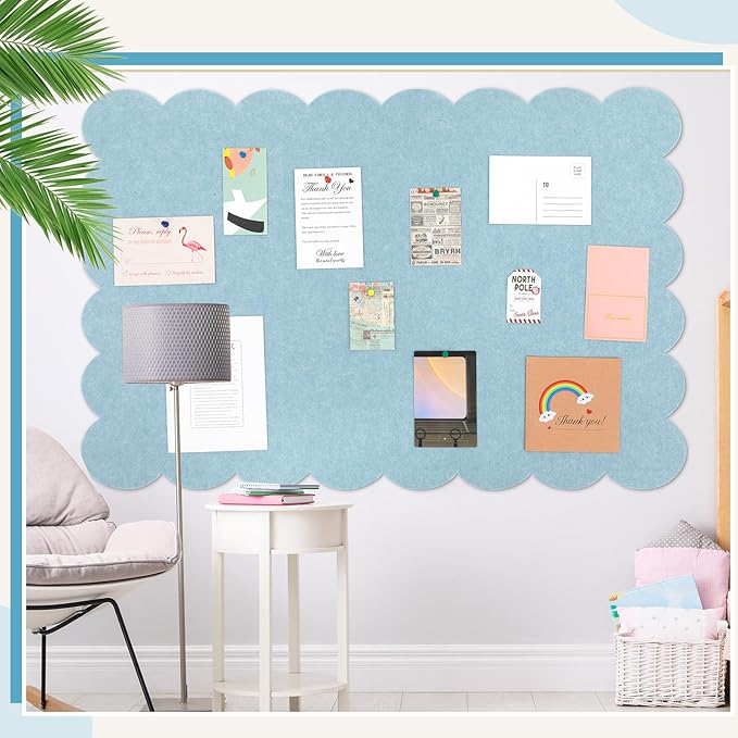 Mooliwe Scalloped Felt Bulletin Board 72 x 48 Inches Foldable Light Blue Pin Cork Board Alternative for Wall, 6' x 4' Trifold Picture Vision Self Adhesive Bulletin Decorative