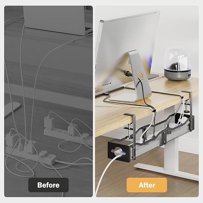 DELAMU 25'' Upgraded Cord Management, No Dill Under Desk Cable Tray with F-Clamp, Metal Cable Management Tray to Under Desk Organizer for Home Office, 1 Pack, Black