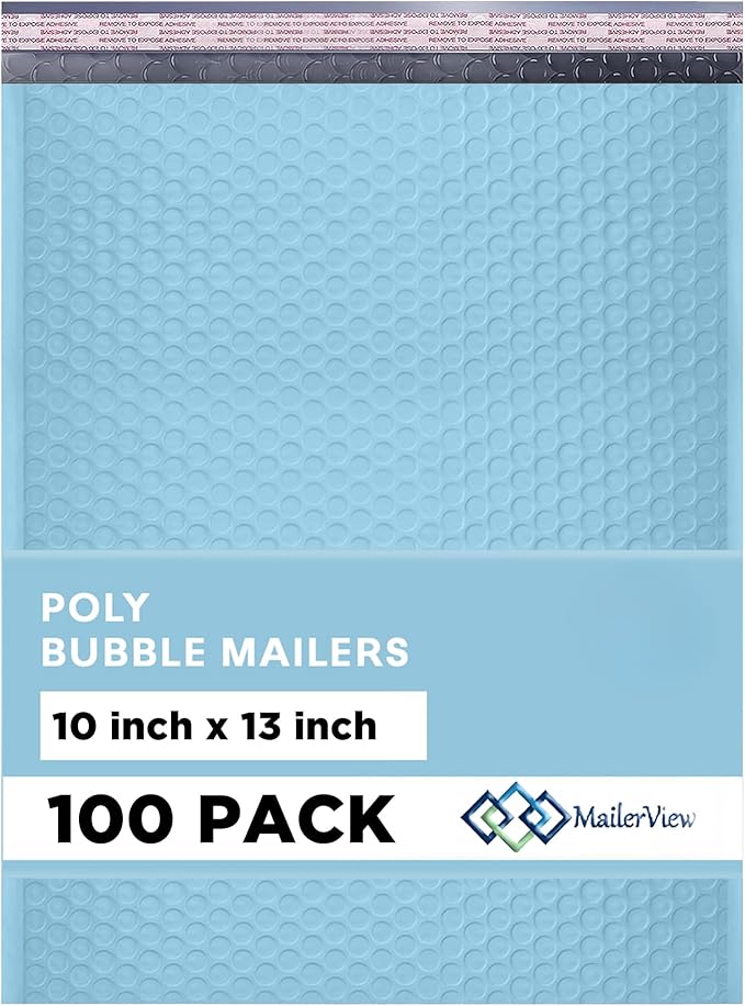 Light Blue 10x13 Inch Poly Bubble Mailers |Self Seal Padded Envelopes for Thick books | Cushioned Bubble Mailer | Usable Size 9.5x13 Inch | Waterproof Lightweight Mailing Shipping Bags | 100 Pack Bulk