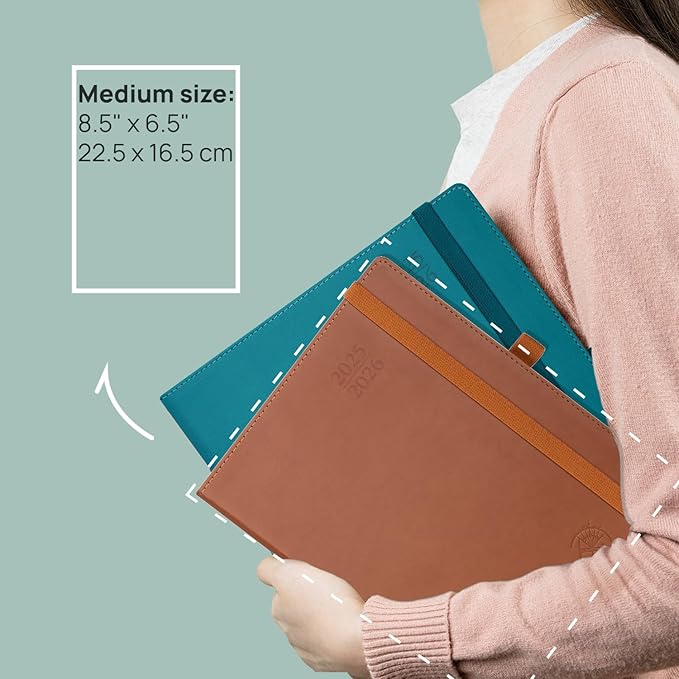 POPRUN Planner 2025-2026 (Medium - 6.5'' x 8.5'') Academic Weekly Calendar (July 2025 - June 2026) with Hourly Time Slots, Monthly Tabs, 100GSM Thick Papers, Leather Soft Cover - Blue Green