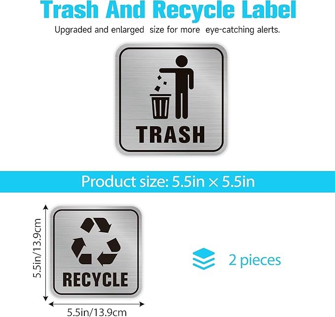 2PCS Recycle Stickers for Trash Bins, Self-Adhesive Waterproof Brushed Silver Trash and Recycling Stickers for Trash Can, Kitchen, Office, Garbage Bin Indoor, Outdoor Use