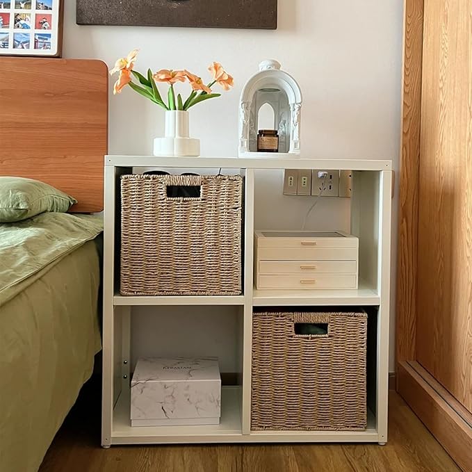 IRONMIX Metal 4 Cube Storage Organizer with 2 Storage Basket, Short Bookshelf with Storage, Horizontal Bookshelf, 2 Tier Open Bookcase Cube Shelf for Home Office Library (White, 700 with Basket)