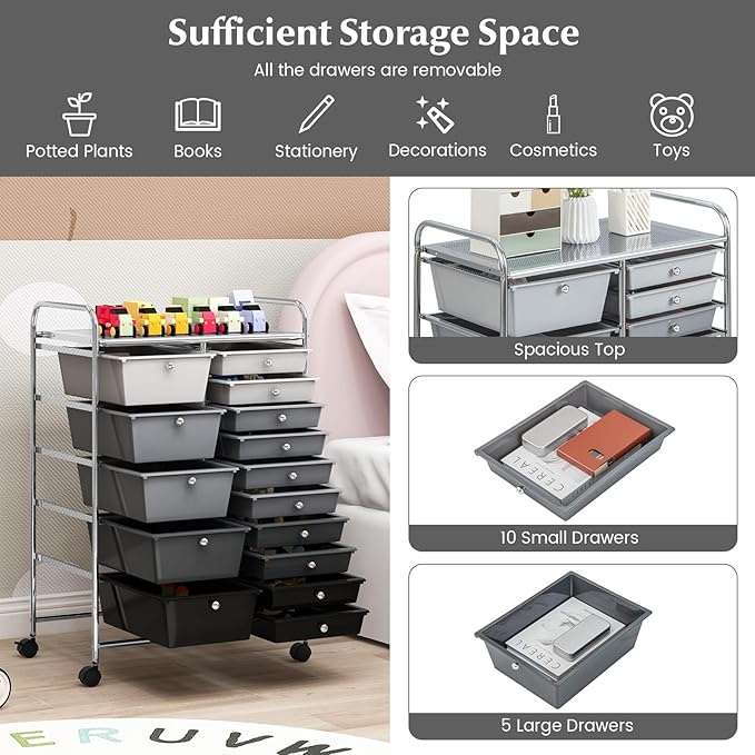 DORTALA 15-Drawer Rolling Storage Cart with Drawers, Rolling Utility Cart w/Removable Drawers & Universal Wheels, Tools Scrapbook Paper Organizer for School, Office, Home, Classroom (Gradient Black)