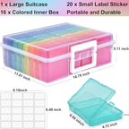 Haundry Photo Storage Box with 16 Inner 4" x 6" Photo Case, Portable Storage Organizer with Handle Craft Keeper for Picture, Stickers, Stamps, Screws, Hair Clips, Colored