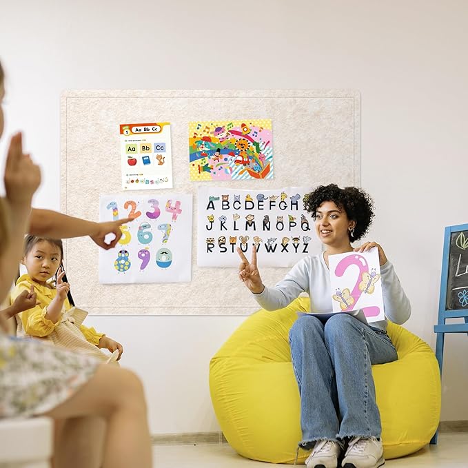 Lightomorrow Large Bulletin Board - 48 x 36 Inches, Decorative Felt Pin Board for Wall - 4' x 3' Foldable Photo Display Board with Self-Adhesive Tape, Includes 20 Push Pins - Oatmeal