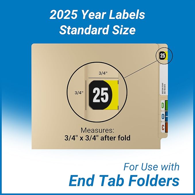 2025 Year Stickers, Doctor Stuff 2025 Chart Stickers, Yellow/Black Color Coded, Arden Style, USA Made Year Labels for End Tab File Folders, 500/Roll, 1 Roll, 3/4" x 1-1/2"