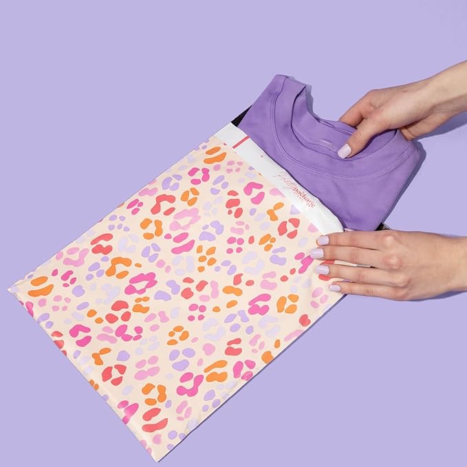 Pretty Package Store 14.5x19 Designer Poly Mailer 100 Pack Heavy Duty Waterproof Self Seal Shipping Bags for Small Business Large Mailing Envelopes Bulk Tear Resistant Cute Packaging Preppy Leopard