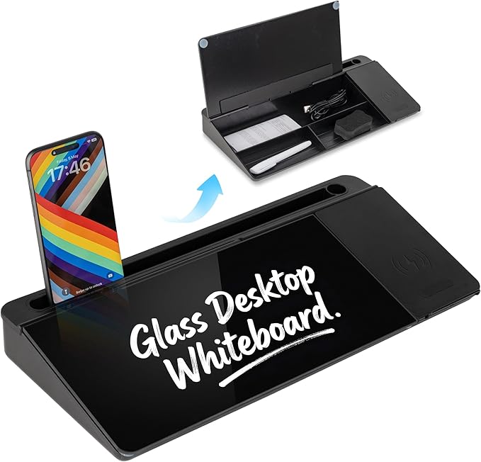 Glass Desktop Whiteboard with Wireless Charger & Storage, Desk Dry Erase Note Memo Board, Compact Desk Organizer for Desk, Office, School Supplies, Black, 2026