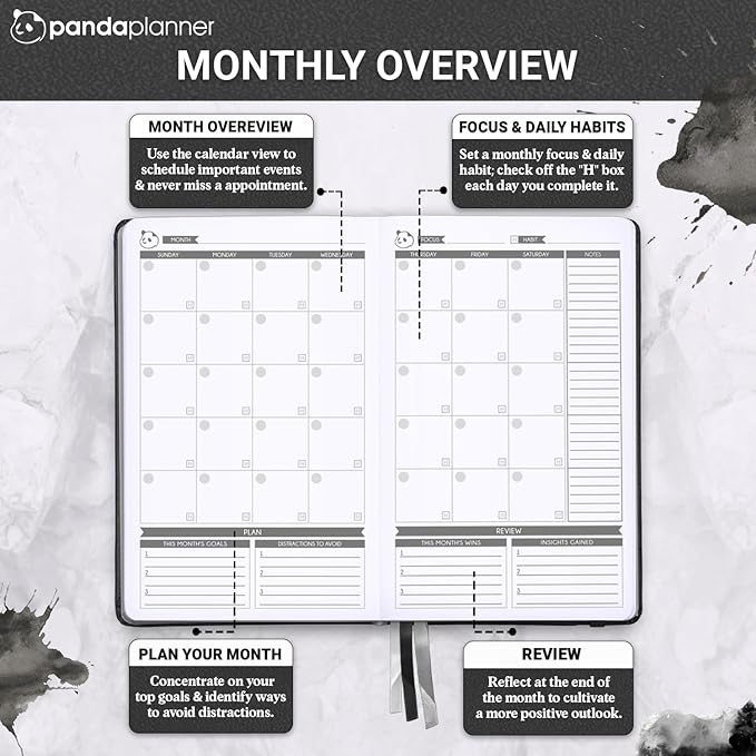 Panda Planner Classic A5 Daily Planner 2026 - Undated Quarterly & Productivity Planner with Hourly Schedule, To Do List, Daily Journal, Goal Planner, Habit Tracker & Gratitude Organizer – Black