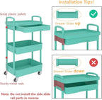 Calmootey 3-Tier Rolling Utility Cart with Drawer,Multifunctional Storage Organizer with Plastic Shelf & Metal Wheel,Storage Cart for Kitchen,Bathroom,Living Room,Office,Green