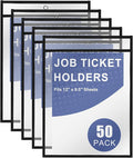 Heavy Duty Dry Erase Pockets 9x12, Job Ticket Holders 50 Pack Plastic Paper Sleeves Sheet Protectors 8.5 x 11 Clear Document Sleeves for Shop Office Classroom Home, Black