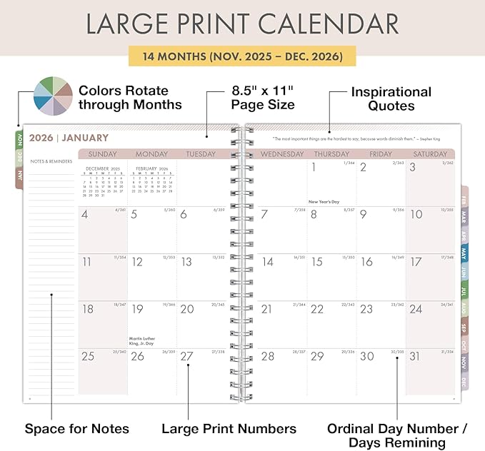 Essential PRO 2026 Daily, Weekly & Monthly Planner, 8.5"x11": 14 Months (Nov 2025 - Dec 2026) Monthly Tabs,Daily Tracking,Notes Pages,Storage Pocket,Bookmark w Sticky Notes (Teal Floral)