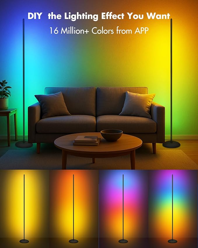 Vexinat Corner Floor Lamp, Smart RGB LED Corner Lamp with App & Remote, Modern Floor Lamp with 16 Million Colors, Music Sync, Scene Modes, Color Changing Standing Lamps for Living Room, Bedroom