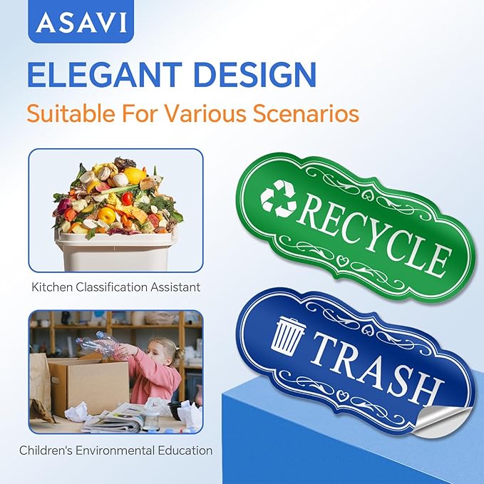 ASAVI Trash & Recycle Stickers – 2-Pack Self-Adhesive Vinyl Labels, Waterproof & Durable (Green Blue, Medium 6.3 x 2.7 inches)