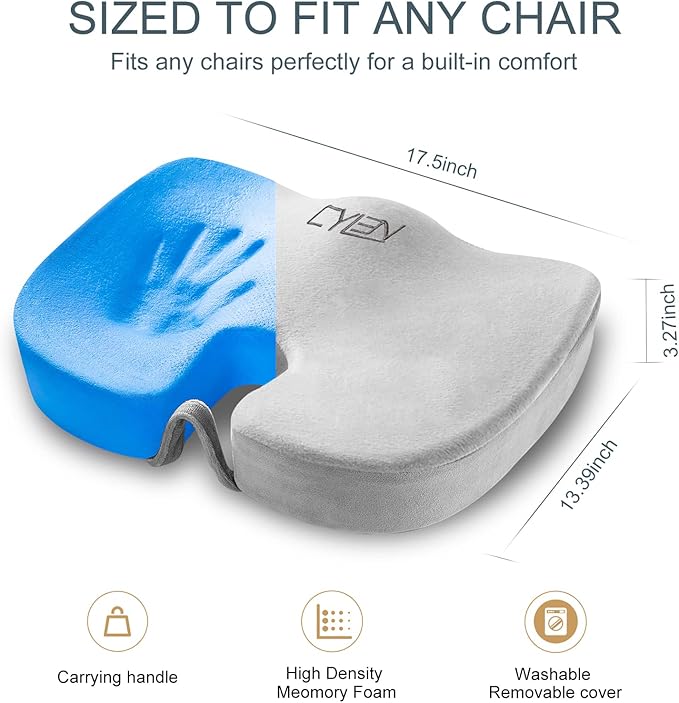 CYLEN Home Office Seat Cushion - Comfort Memory Foam Chair Cushion with Cooling Gel Infused for Tailbone, Coccyx, Back & Sciatica Pain Relief (Grey)