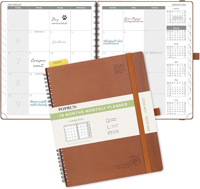 POPRUN Monthly Planner 2026-2027 (Large 8.5" x 10.5") 18 Months Calendar Book(Jan 2026 - Jun 2027) - 4 Pages per Month with Expense & Notes, Stair-like tabs, Leather Cover, Sunday Start - Brown