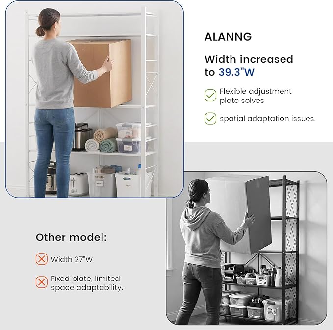 ALANNG 40" W Foldable 5-Tier Storage Shelves with Wheels, Adjustable & Removable Metal Rack, Heavy Duty Rolling Organizer for Kitchen, Garage, Closet, Pantry, and Office (White,3 Pack)