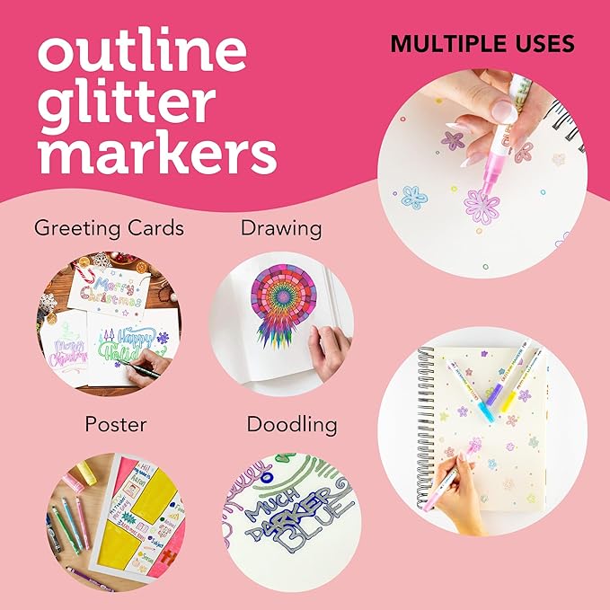 Incraftables Outline Glitter Markers (12 Colors) – Metallic, Double Line Pens, Shimmer Markers for Crafts, Greeting Cards, Drawing