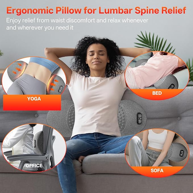 SUDAHIA 3-in-1 Electric Back Massager Pillow with Heat, Vibration and Traction, Triple Fusion Back Massager Bed and Chair Use, Lumbar Support Pillow for Lower Back Comfort and Spine Support (Gray)