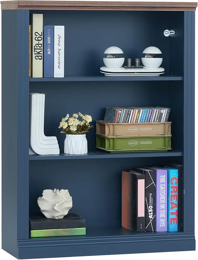 RWYHG 43" Blue Tall Bookshelf Set of 2,3-Tier Thick Wooden Book Shelf with Adjustable Shelves,Free Standing Farmhouse Bookcase with Open Display Storage,Floor Vintage Bookshelves for Living Room