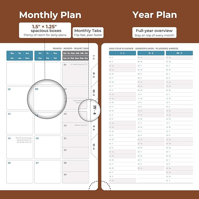 IN-luxpro Daily Planner 2026 with One Page Per Day,(A5-8.5" x 5.9"),12 Months Calendar Hourly Appointment Book Monthly Tabs & Self-adhesive Pen Holder,Inner Pocket, Vegan Leather Hardback,Brown