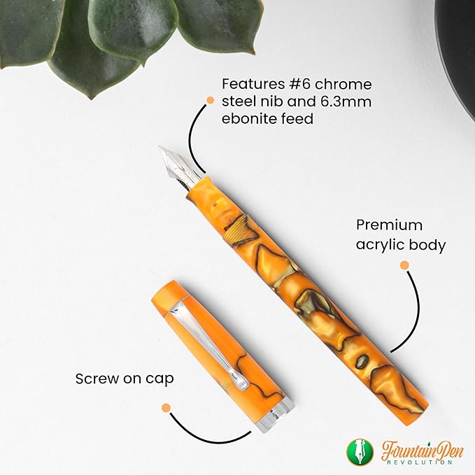 FPR Himalaya V2-Chrome Ultra Flex Nib Pen - Twist-Style Converter Filled Calligraphy Pens for Writing-Fancy Pens for Men & Women - Flex Fountain Pen w/Metal Clip & Cap Ring (Saffron Orange Acrylic)