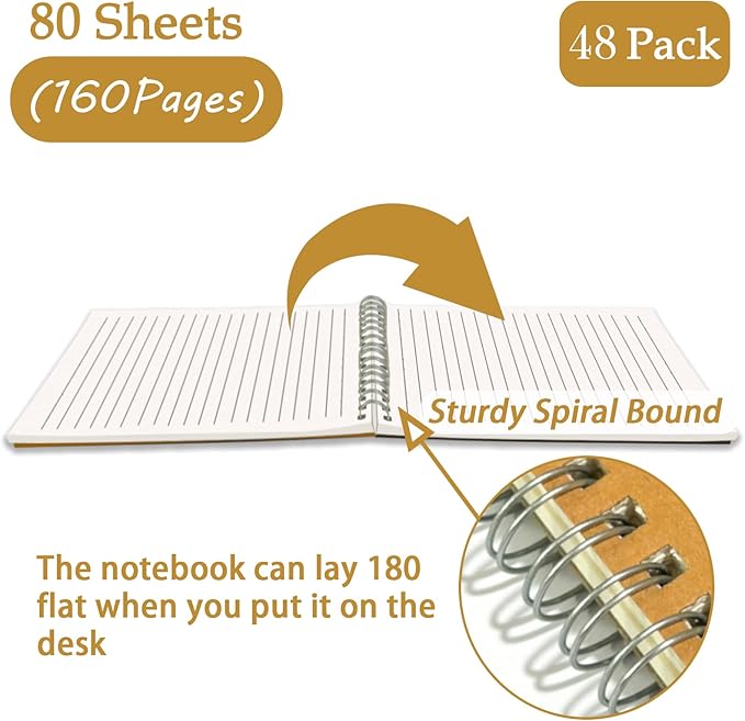 OSIMIG 48 Pack A5 Spiral Notebooks Bulk with Kraft Cover, 8x5.5 Inch Lined Paper Travel Journaling Notebooks, Composition Notebook for School Office Supplies, 80 Sheets 160 Pages
