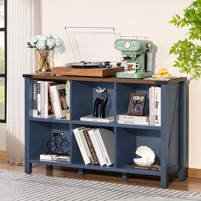 Joaxswe 6 Cube Bookcase, Farmhouse Wood Low Storage Organizer Book Shelf, 47" Horizontal Navy Blue Console Bookshelf with Legs, Hallway Book Case for Entryway, Display Cabinet for Living Room, Office