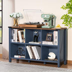 Joaxswe 6 Cube Bookcase, Farmhouse Wood Low Storage Organizer Book Shelf, 47" Horizontal Navy Blue Console Bookshelf with Legs, Hallway Book Case for Entryway, Display Cabinet for Living Room, Office