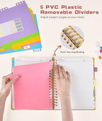 Hardcover Spiral Notebook 8.5"x11" Journal with Removable Dividers Tabs, 300 Pages Leather 5 Subject Notebook College Ruled, Large Notebooks for Work School, Lined Journal for Women, A4 Rose gold