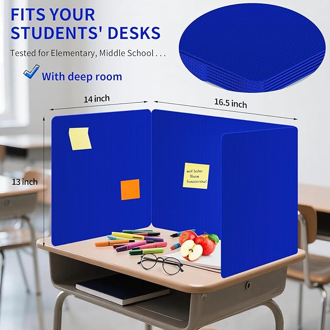 2 Pack Blue Desk Dividers for Students, Privacy Shields Folder for Students, Durable & Waterproof Plastic Study Board, Classroom Teacher Supplies Test Divider, Includes Extra Labels