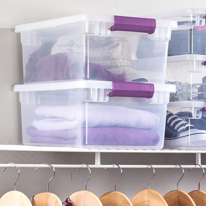 STERILITE 15 Qt ClearView Latch Storage Box, Stackable Bin with Latching Lid, Plastic Container to Organize Shoes in Closet, Clear Base, Lid (Pack of 12)