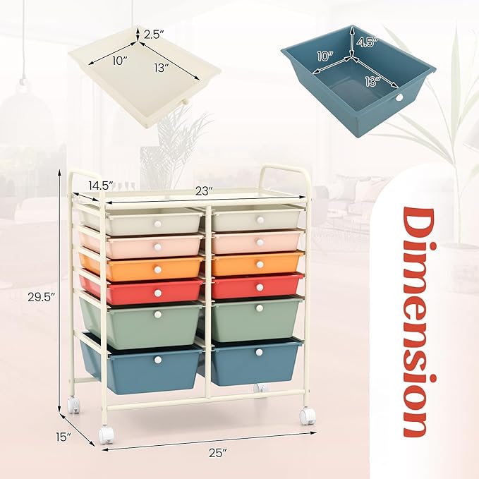 LDAILY 12 Drawer Rolling Storage Cart, Craft Cart Organizer on Wheels w/Metal Frame, Large Capacity & Smooth Drawer, Rolling Cart w/Drawers for Classroom, Office