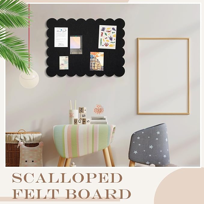 Mooliwe Scalloped Felt Bulletin Board 24 x 18 Inches Foldable Black Pin Cork Board Alternative for Wall, 2' x 1.5' Trifold Picture Vision Self Adhesive Bulletin Decorative