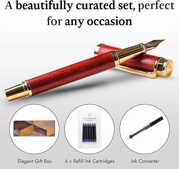 Ellington Pens Luxury Wood Fountain Pen Set –Medium Nib - Includes 6 Ink Cartridges, Wooden Pen Gift Box, Ink Converter - Wood Pen For Writing, Calligraphy, Journaling, Drawing (Rosewood Radiance)