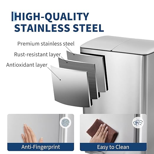 GarveeHome Commercial Dual Trash Can, 16 Gallon Stainless Steel Double Compartment Recycling Bin with Soft-Close Lids, Pedals & Plastic Inner Buckets, 60L Garbage Can for Kitchen, Home, Office, Silver