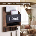 Lucundm Key and Mail Holder for Wall, Key Holder with Chalkboard and Long Storage Box, Key Hanger with 3 Sturdy Hooks for Coat, Dog Leash, Entryway Mail Organizer (Brown)