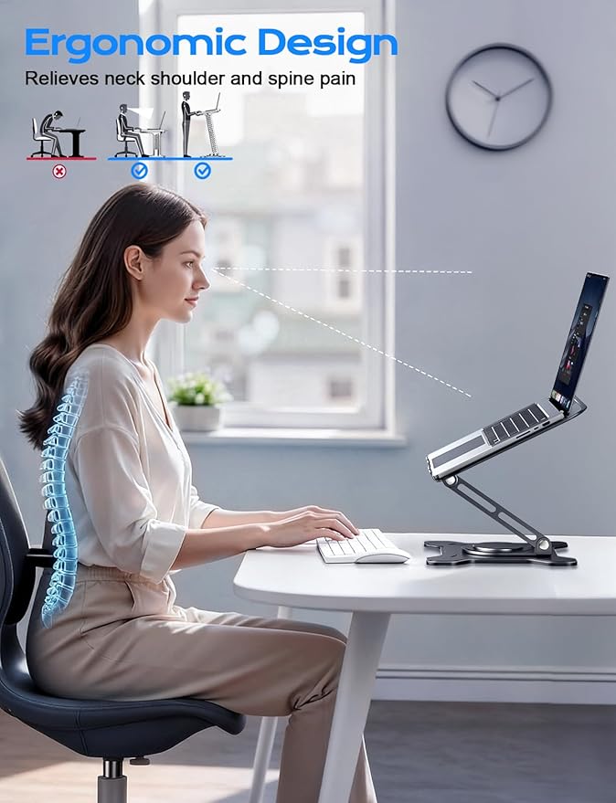 JCZT Adjustable Laptop Stand for Desk, 360° Rotating Base Ergonomic Computer Stand, Laptop Riser Foldable Protable for Office Home Fits Compatible with MacBook Pro/Air Notebook up to 10-16" Black