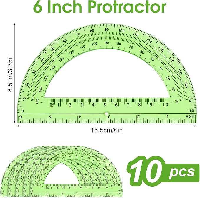 Hoiny 10 Pack Clear Protractor, 6 Inch Plastic Protractors, 180 Degrees Accurate Math Geometry Tools for School, Office, Classroom (Green)