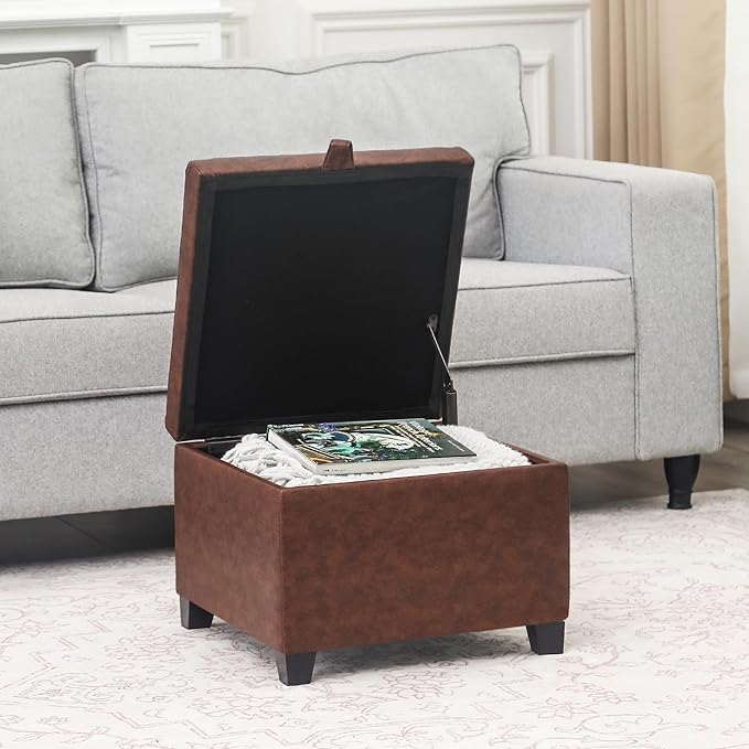 Adeco Small Faux Leather Storage Ottoman Bench with Wood Legs, Square Red & Brown PU Cube Foot Stool, Upholstered Button Tufted Vanity Chair with Hinged Lid for Living Room, Bedroom, Dorm