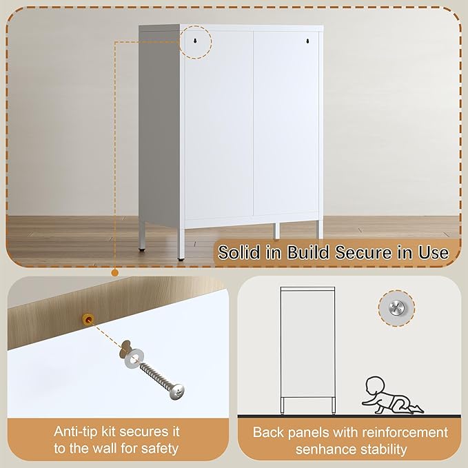 TaskStorz Metal Storage Cabinet with Drawer and Adjustable Shelf, White Steel Sideboard Buffet Cabinet, 35.4" H Coffee Bar Cabinet for Kitchen, Dining Room, Entryway