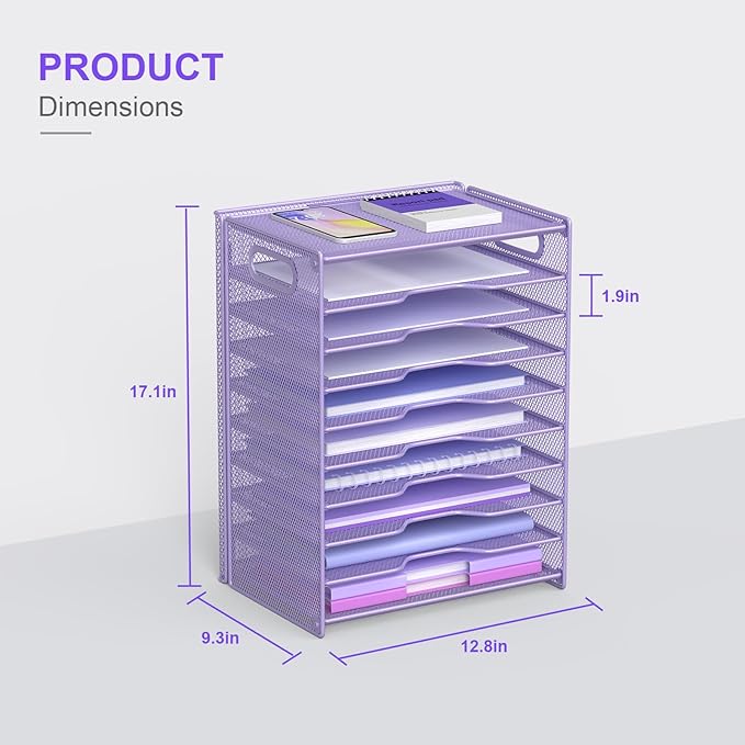 OUTWOLF 10 Tier Paper Organizer - Letter Tray Mesh Desk File Organizer with Handles for Office School Desktop, Purple