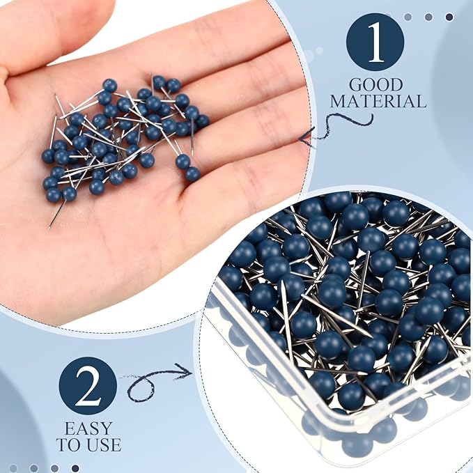 WILLBOND 500 Pack Map Push Pins Map Tacks Small Round Head Push Pins Thumb Tacks for Travel Picture Photo Bulletin Board Wall DIY Craft School Office Home(Navy Blue,1/6 Inch)