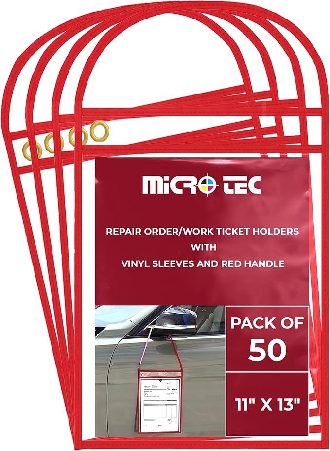 MICRO TEC Repair Order/Work Ticket Holders – Heavy-Duty Vinyl Sleeves with Red Handle – 11" x 13" for Automotive Repair Orders, Job Tickets, Documents – Pack of 50 – Clear w/Red Handle