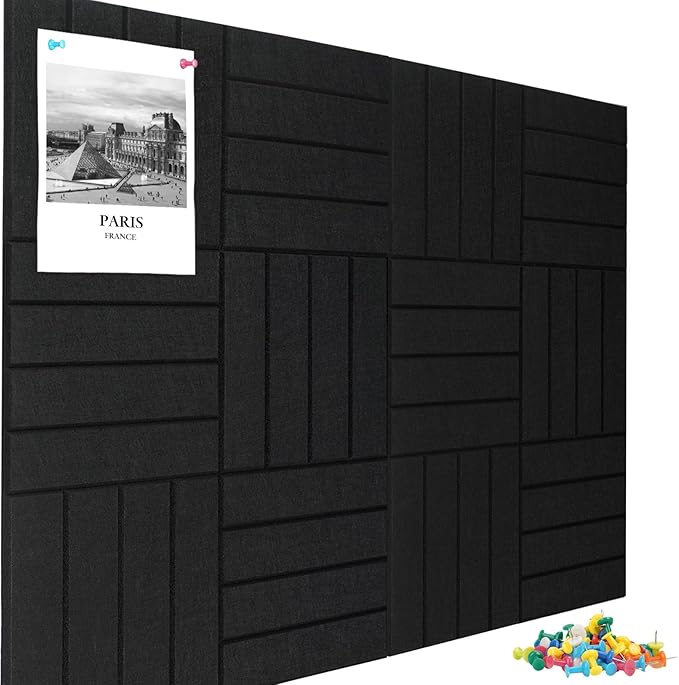 Large Cork Board Alternative 48" X 36" Bulletin Board - 12 Pack Removable Felt Wall Tiles, Cork Wall Tiles Bulletin Board Home Office Essentials - Black