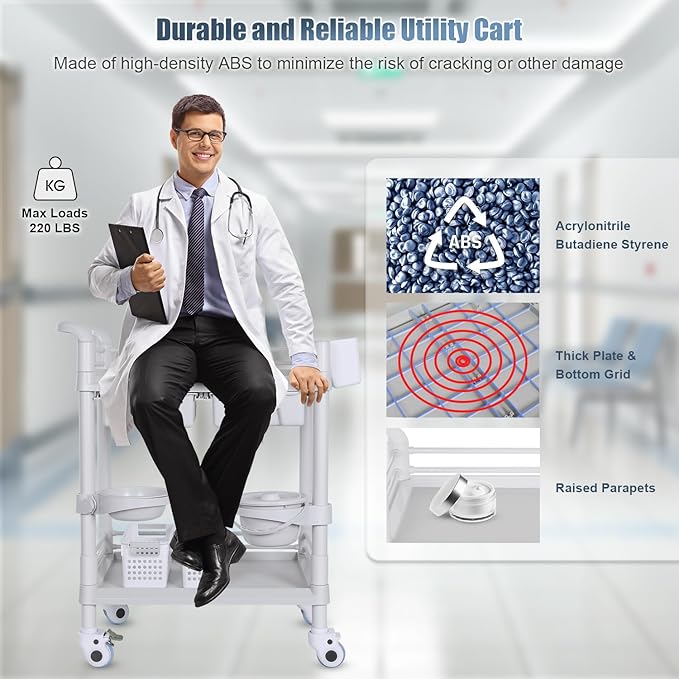 Medical Carts with Wheels 2 Tier Mobile Esthetician Cart 220 LBS Load Hospital Trolley Cart for Ultrasound Scanner Utility Cart with Bucket Sharp Box Storage Basket for Beauty Salon Dental Clinic Home