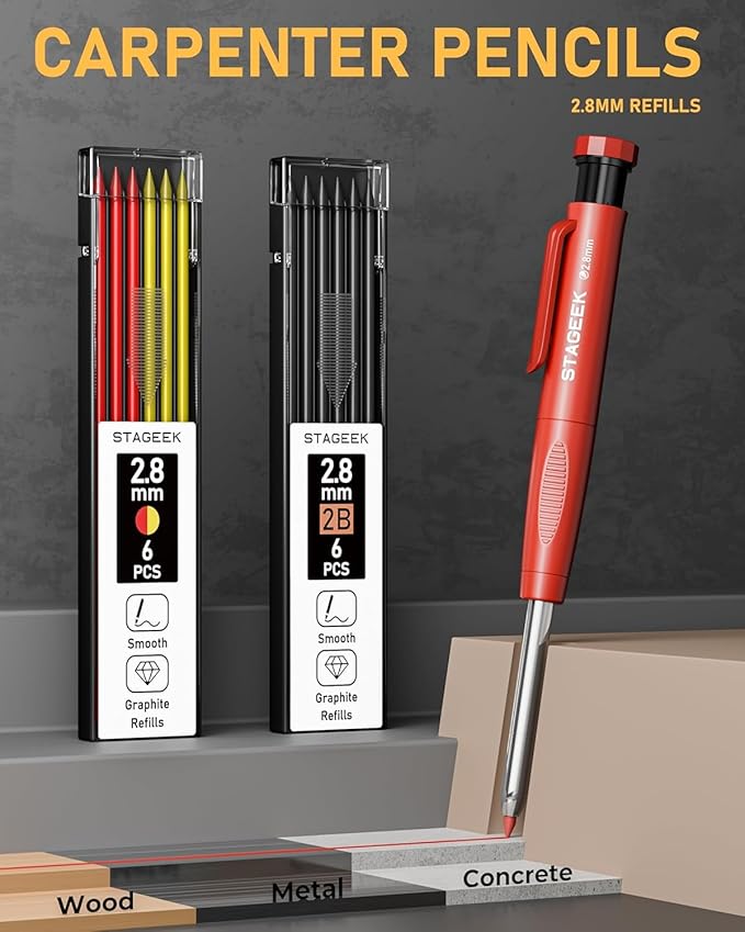 STAGEEK 14 Pack Carpenter Pencil Set with Sharpener, Mechanical Carpenter Pencils with 60 Refills, Deep Hole Long-Nib Marker Pens, Carbide Scribe Tool & Construction Pencils for Architect with Case