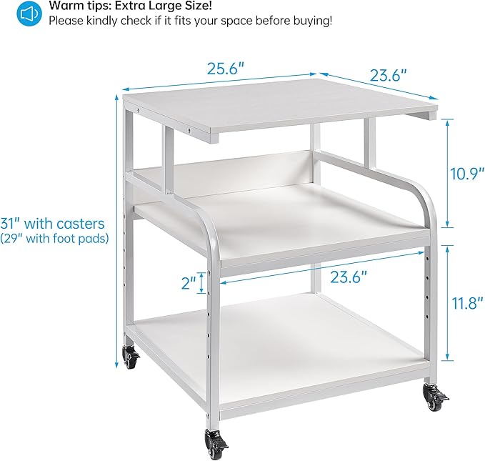 Fannova Printer Stand, 25.6" x 23.6" x 30.9" Extra Large Printer Table with Adjustable Storage Shelf, 3 Tier Rolling Printer Cart with Industrial Wheels for Home Office, White