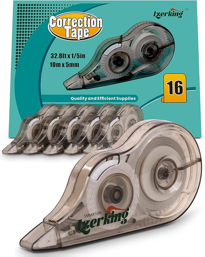 Lzerking Correction Tape, White, 16 count, Instant White It Out,Tape is Mess-free and Tear Resistant, Applicator for Instant Corrections, 1/5 Inch X 32.8 Ft (5mmx10m)