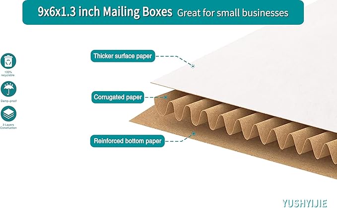 YUSHYIJIE 50 Pack 9x6x1.3 inch Small Shipping Boxes, Multi-Depth Flat Cardboard Boxes with Fragile Stickers for DVD Shipping, Packing, Moving, Storage, White